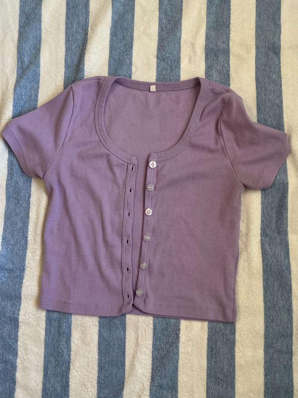 SHEIN Lavender Purple Short Sleeve Scoop Neck Button Front Tee